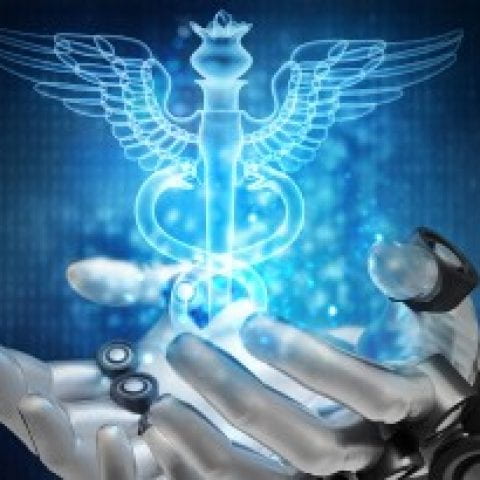 Robot hands with medical symbol floating above