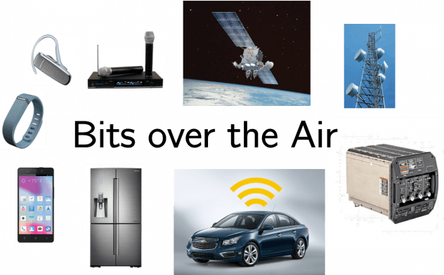Bits over air graphic showing several electronics and appliances items connected to internet of things such as smart phone, car, and satellite.