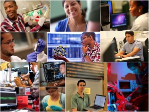 Collage of 13 students in their research settings