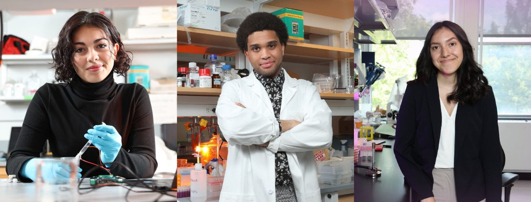 Triptych of three LSAMP scholars in their labs.